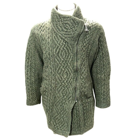 Aran Crafts Ireland XL Green Merino Wool Cable Knit Funnel Neck Cardigan Sweater - Picture 1 of 11
